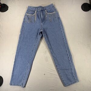 Shein Essnce High Waist Rhinestone Fringe Trim Mom Fit Jeans Size M